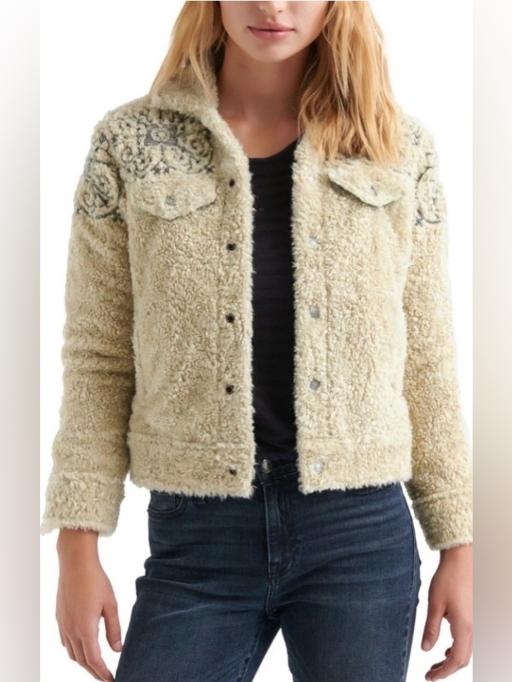 EUC Lucky Brand Sherpa Tomboy Trucker Jacket Waxahachie/Beige Snap Front Size M